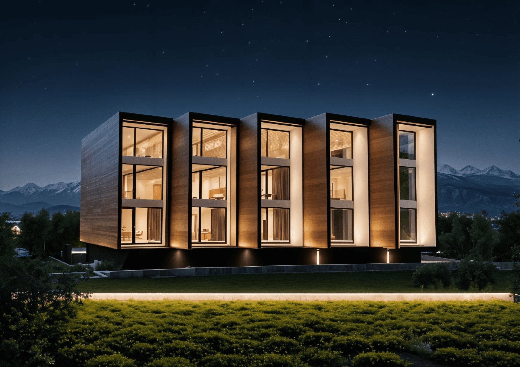 Front of Luxe Townhome. Night time with starry sky.