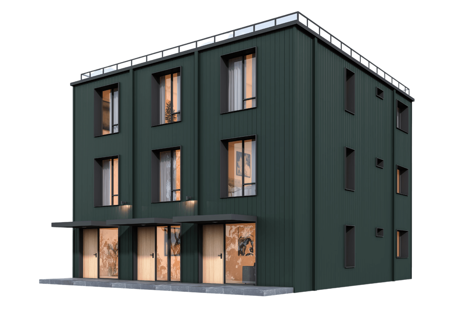 Front image of a 3 story, 3 unit apartment complex with no background.